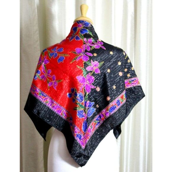 34.5"x33" SWIFT HORSE BLACK RED FLOWERS MULTICOLOR SILKY WOMEN SCARF SHAWL WRAP - Picture 1 of 6